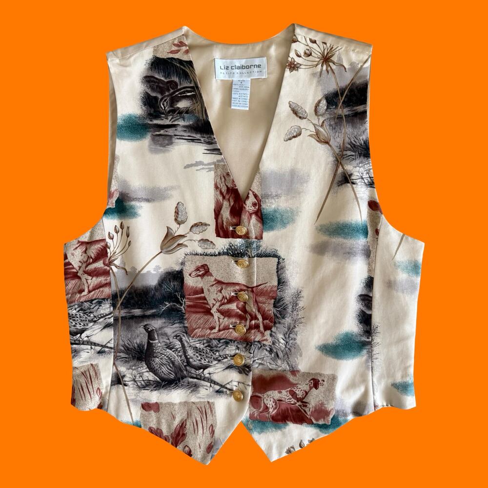90's vintage cream 100% silk equestrian old money vest Size 8P liz Claiborne